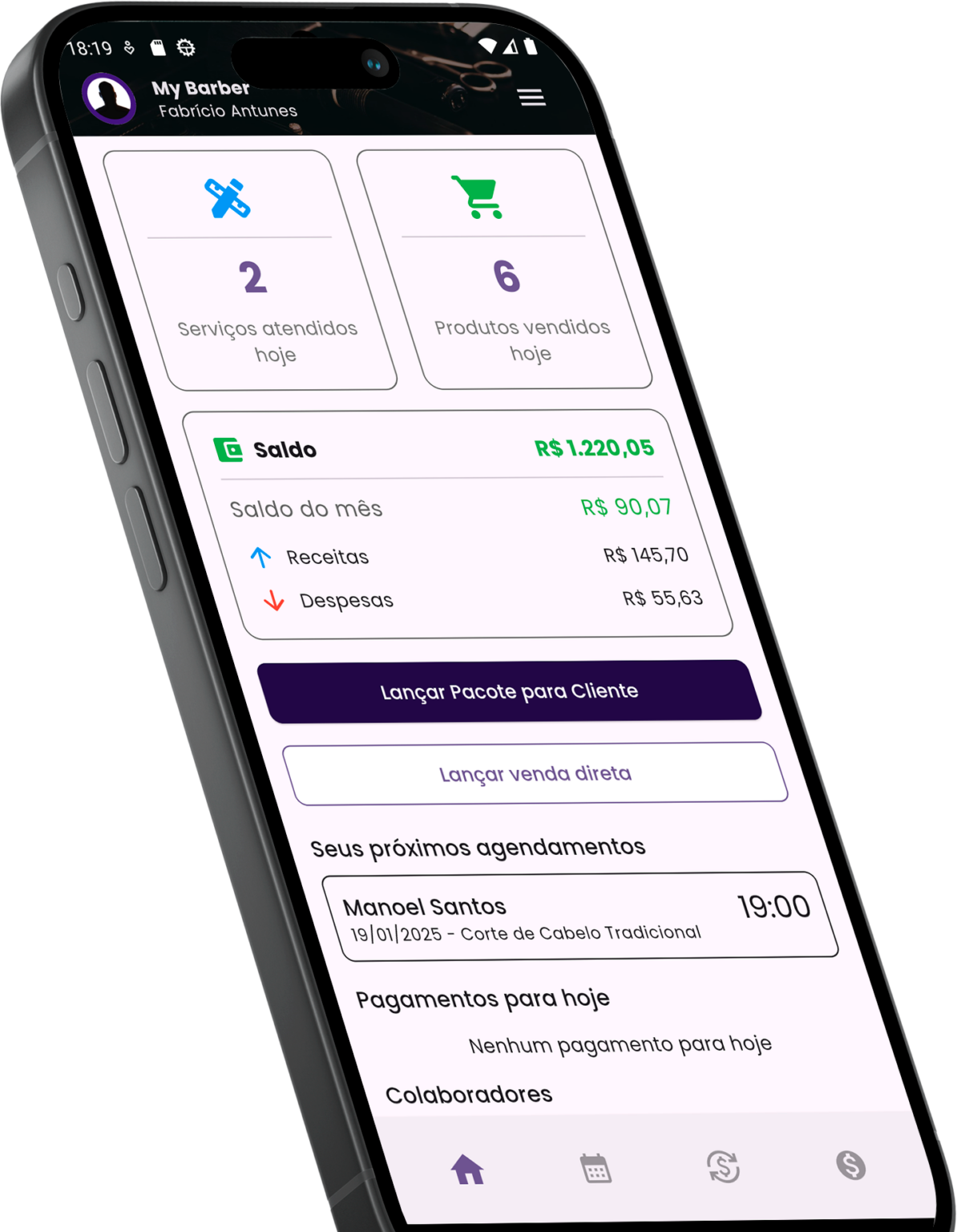 Tela inicial do app Hazie mostrando serviços atendidos, saldo e próximos agendamentos