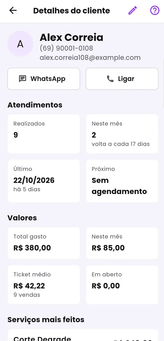 Ficha do cliente no aplicativo do Hazie, com o ritmo de retorno e a próxima visita prevista