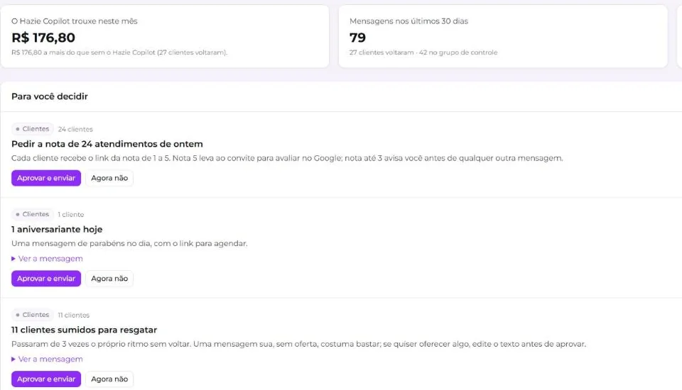 Central do Hazie Copilot no painel, com as oportunidades do dia, o valor estimado de cada uma e os botões para aprovar
